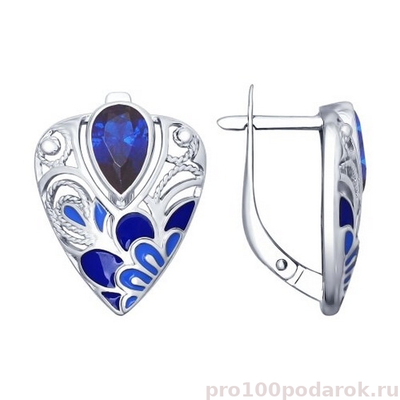 Серебряные серьги с синими фианитами и эмалью