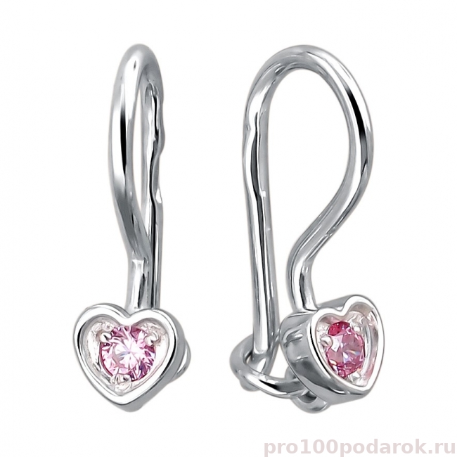 Серебряные серьги сердечки с розовым фианитом